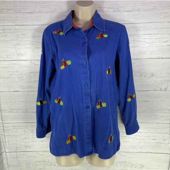 Quacker Factory small women blue corduroy button up blouse apple teacher school - Picture 1 of 4
